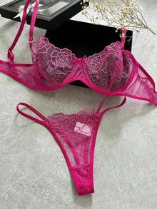 2-Piece Pure Desire Romantic Women And Ladies' Exquisite Rose Embroidered Tulle Lace 1/2 Cup Bra & Panty Lingerie Set, Suitable For Foreplay, Everyday Fashion, Special Nights, Dating, Honeymoon, Anniversary, Music Festival, And Private Party Vacation Lingerie Package - Màu Hồng Tươi - Xem 11