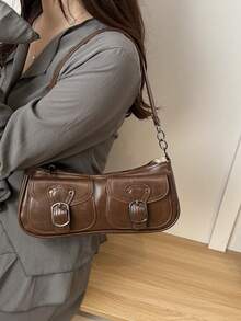 Korean Style Crocodile Embossed Handbag For Women, New Fashion Shoulder Bag, Minimalist Crescent Moon Tote Bag For Women, For Going To Work, Green - 黑與白 - 查看 2