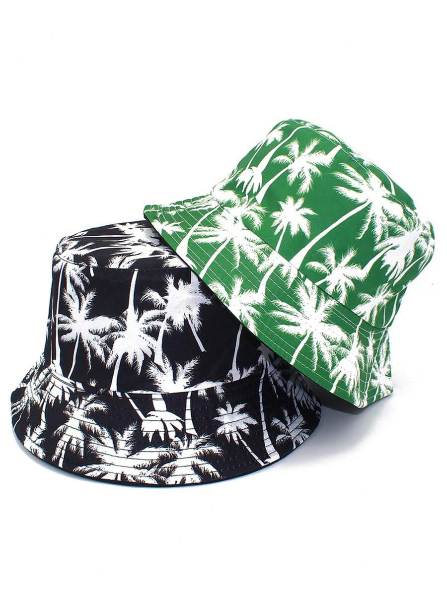 1pc Hawaiian Style Reversible Coconut Tree Bucket Hat, Unisex Casual Printed Sun Hat For Summer Outdoor Travel, UV Protection - Multicolor - View 1