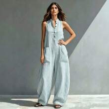 Summer New Loose Casual Striped Printed Sleeveless Women's Jumpsuit - Light Green - View 4