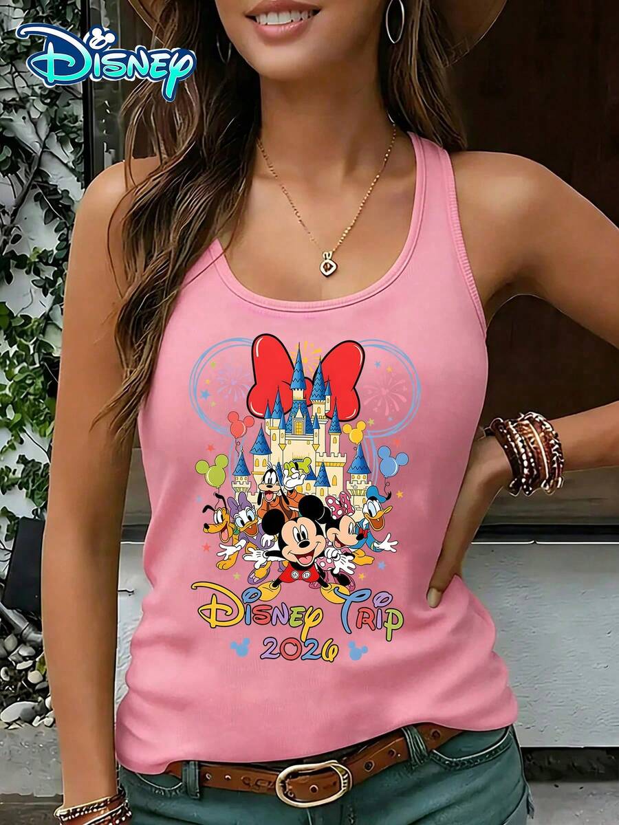 Disney Official Authorization | Women's Casual Round Neck Sleeveless Vest. With The Theme Of The 2024 Disney Journey, Combined With Castle, Character Portraits, And Large Bow Elements, It Is Lively And Full Of Commemorative Significance. It Is An Exclusive Item For Theme Park Travel And An Ideal Choice For Recording Family Happy Moments. - Hồng - Xem 1