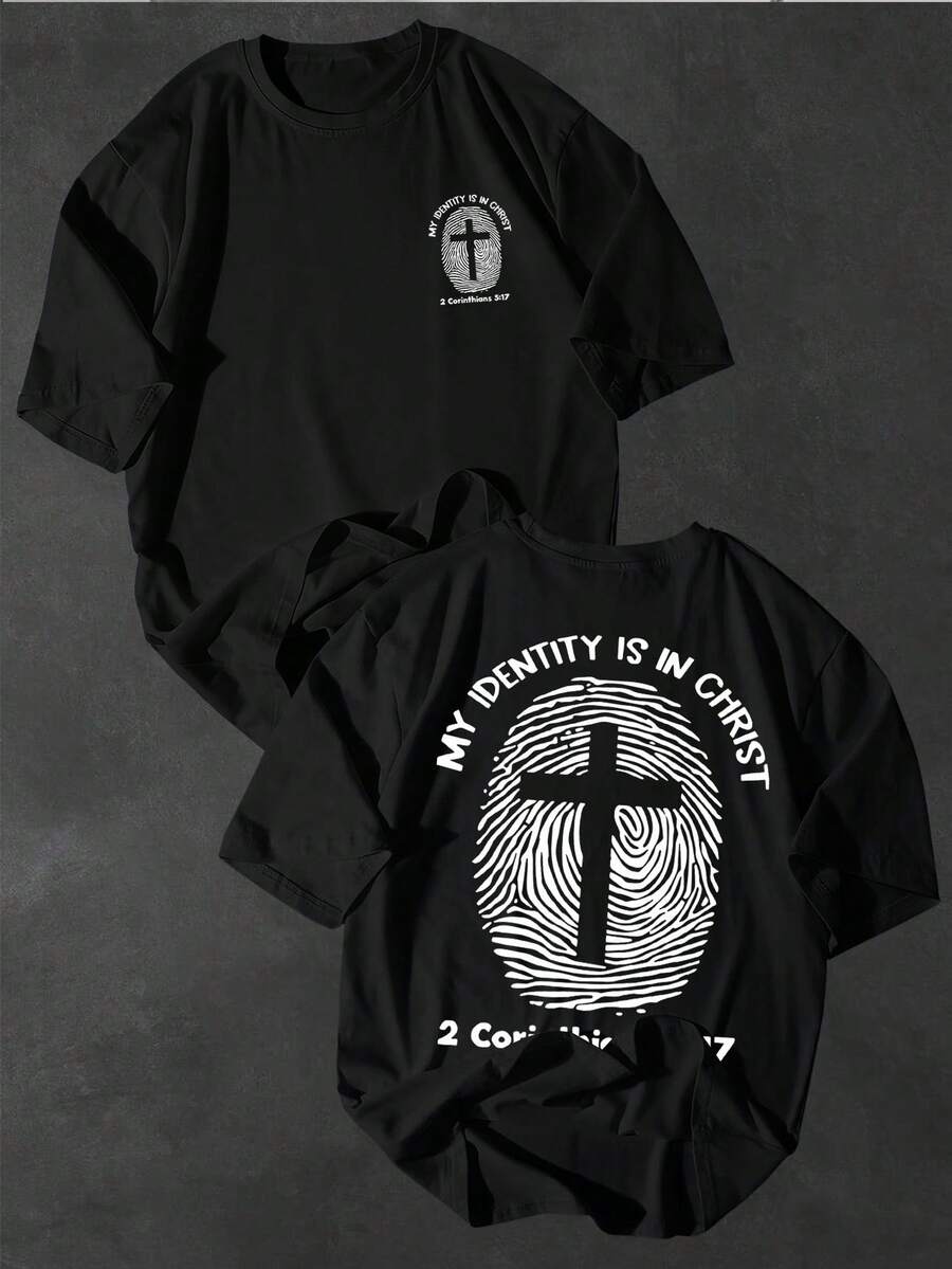 Men's Simple And Stylish Short Sleeves T Shirt,Printed With Christian Identity Markings,Fingerprint And Cross Pattern,Suitable For Daily Leisure And Commuting. - 黑色 - 查看 1