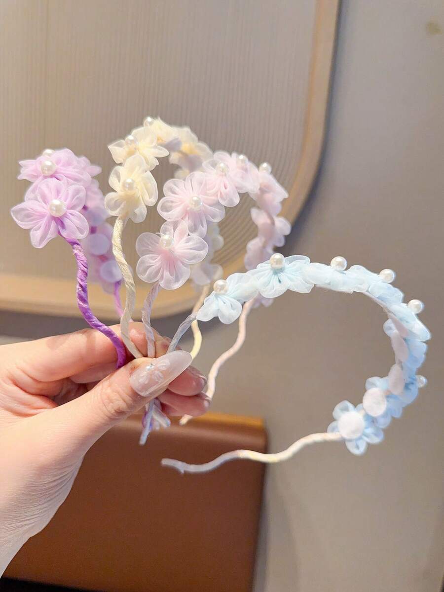 1件女款甜美花卉珍珠髮箍,網紗花朵裝飾細髮圈,優雅日常與派對髮飾 - 彩色 - 查看 1