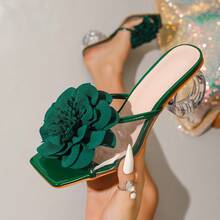 Dark Green 3D Flower Transparent Round Heel Wedge Sandals; Women's Head Vacation Fashion Shoes High Heel Sandals - 墨綠 - 查看 8