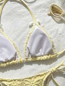 Conjunto de bikini de camisola de tela de encaje texturizado con estampado floral amarillo de moda de verano para mujer, Bottom triangular con lazo lateral, tela de encaje texturizado, estilo dulce y picante de moda, adecuado para vacaciones en la playa, fiesta de trajes de baño, verano - Multicolor - Ver 7