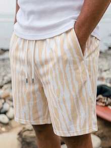 Men's Striped Casual Beach Shorts With Drawstring, Summer - Champagne - View 2