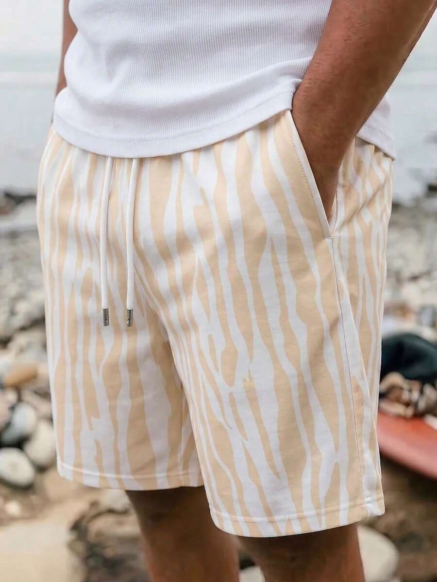 Pantalones cortos casuales de playa a rayas con cordón para hombres, verano - Champán - Ver 1