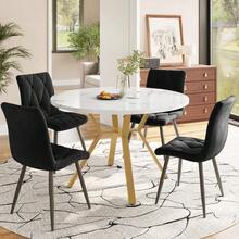 Dining Room Set, Table And Chairs (5 Pieces), Modern And Minimalist Style, Consisting Of A Round Marble Table, Gold Metal Table Legs And 4 Ergonomic Black Velvet Chairs. - Gold - View 2