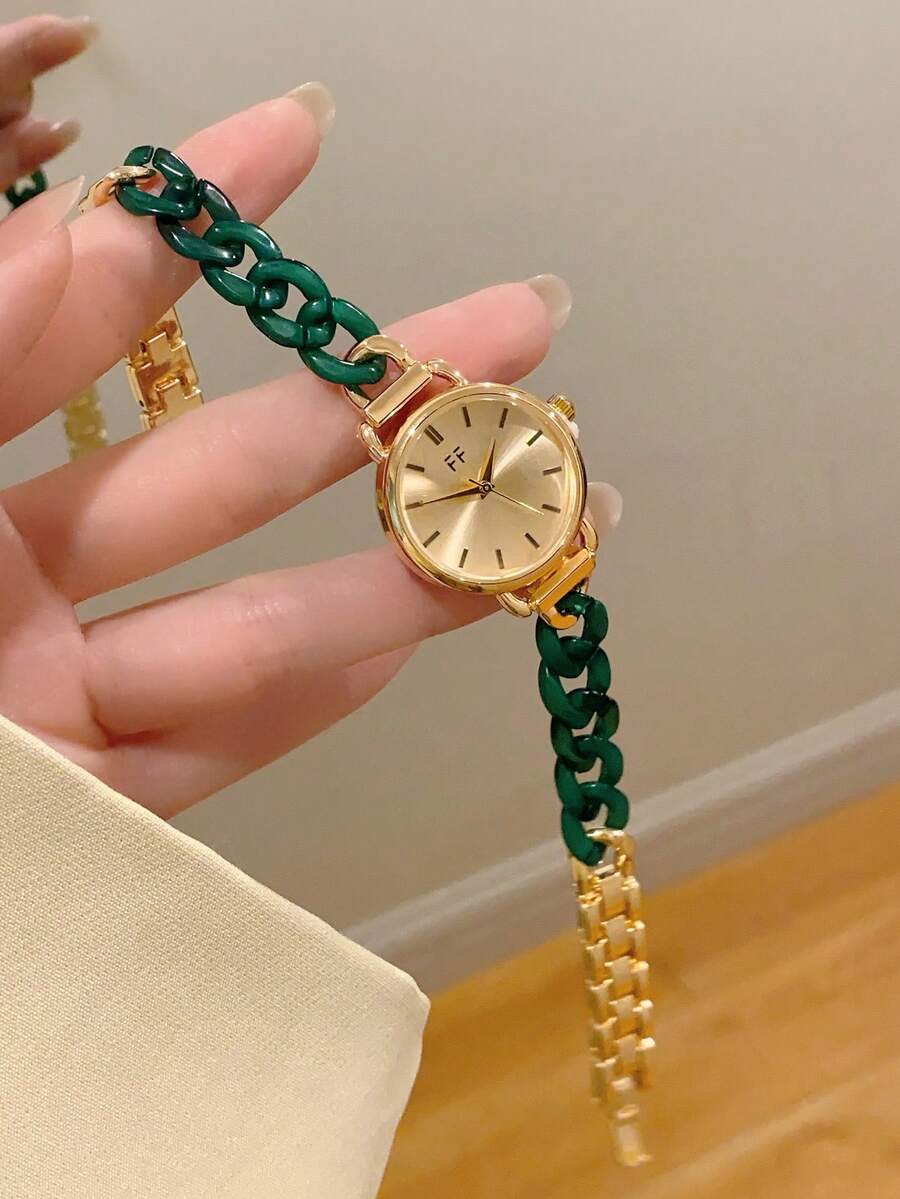 1件女款金色合金不規則手鍊手錶,時尚阿拉伯數字錶盤,石英機芯,可調節錶帶,適合日常裝飾 - 金色 - 查看 1