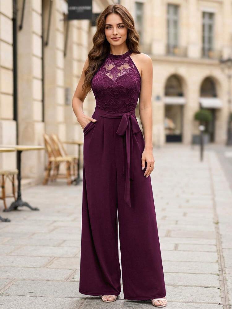 MIUSOL Bộ jumpsuit không tay, cạp chun, ren hoa, dáng rộng, thích hợp cho các buổi tiệc bán trang trọng, dự đám cưới, lễ tốt nghiệp, dạ hội. - Màu Tím - Xem 1