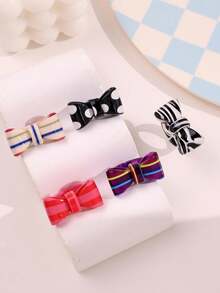 Y2K Black & White Polka Dot Chain Bow Ring, Colorful Striped Print Rings, Minimalist Personalized Daily Wear Rings For Women, Aesthetic - Multicolor - View 7