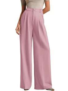 Ladies' High Waist Wide Leg Pants Set - Solid Color Office Jacket With Pants, Tailored Professional Set, Suitable For Meetings And Casual Occasions - 粉紅色 - 查看 5