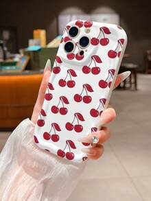 1pc Painted Cherry Pattern Phone Case Compatible With Honor, Apple 11/12/13/14/15/16 Series, Galaxy S22/S22+/S22 Ultra/S23/S23+/S23 FE/S23 Ultra/S24/S24 Plus/S24 Ultra/A35/A05s/A15/A53/A54/A05/A51/A55/A56/A71/A72/A73/A33/A32/A14 - White - View 2