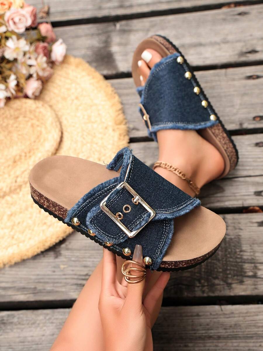 Spring/Summer Women's Fashion Flat Slippers, Soft Sole Lightweight Double Buckle Adjustable Thick Sole Sandals - Home/Outdoor/Beach Shoes