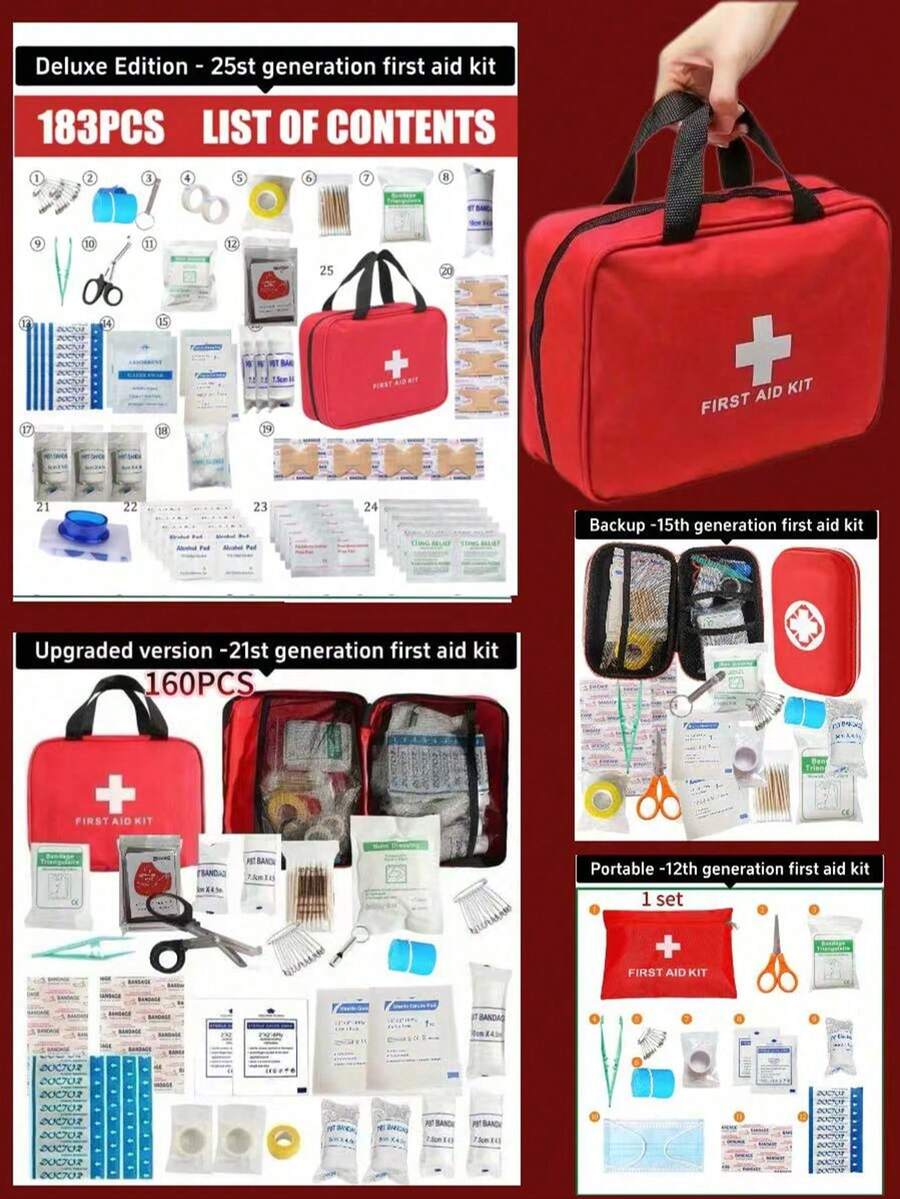 1 Conjunto - (160pcs/21pcs Conjunto) Kit de Primeiros Socorros, Múltiplos Acessórios de Primeiros Socorros, Curativos Combinados Respiráveis e à Prova d'Água e Outros Acessórios Relacionados ao Ar Livre, Atendendo às Necessidades Básicas de Primeiros Socorros para Família, Viagem e Bolsa (21/15/12pcs Conjunto) - 1 conjunto - Visão 1