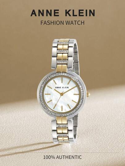 Anne Klein Women's Silver/Gold Crystal Rimmed Quartz Watch, Round Analog Formal Watch With Stainless Steel Bracelet