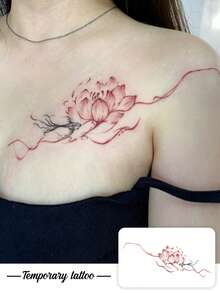 1 pieza Tatuaje temporal con diseño tradicional chino de tinta roja de loto, pez y líneas fluidas, tatuaje realista adecuado para viajes, festivales de música, juegos, regalos de graduación, con duración de 3 a 5 días - Multicolor - Ver 1