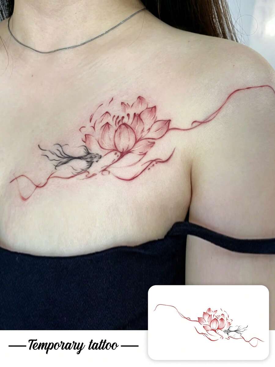 1 pieza Tatuaje temporal con diseño tradicional chino de tinta roja de loto, pez y líneas fluidas, tatuaje realista adecuado para viajes, festivales de música, juegos, regalos de graduación, con duración de 3 a 5 días - Multicolor - Ver 1