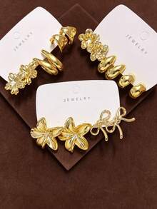 4/16PCS Fashionable Elegant Large Hollow Floral Leaf Geometric Multi- Gold Metallic Earring Set, Women's Fashion Earring Set, Daily Wear, (Lightweight CCB Material, Non-Fading/No Ear-Pulling Sensation) - Gold - View 3