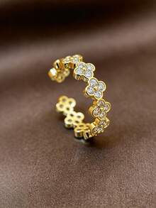 1pc 18K Gold Plated Copper Fully Paved Clover Adjustable Open Ring, Suitable For Holidays, Valentine's Day, Mother's Day Gifts, Daily Wear, Wedding - Gold - View 1