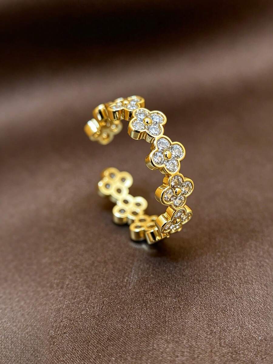 1pc 18K Gold Plated Copper Fully Paved Clover Adjustable Open Ring, Suitable For Holidays, Valentine's Day, Mother's Day Gifts, Daily Wear, Wedding - Gold - View 1