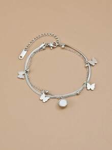 1pc Fashionable Polished Butterfly Double Layer Stainless Steel Women's Anklet, Stainless Steel Jewelry, Silver Jewelry, Summer, Beach, Vacation Jewelry, Charm, Western Jewelry, Gift For Women, Gift Giving, Birthday Gift - Silver - View 1