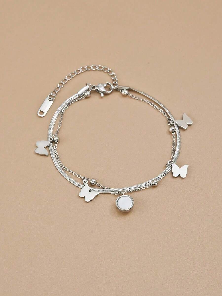 1pc Fashionable Polished Butterfly Double Layer Stainless Steel Women's Anklet, Stainless Steel Jewelry, Silver Jewelry, Summer, Beach, Vacation Jewelry, Charm, Western Jewelry, Gift For Women, Gift Giving, Birthday Gift - Silver - View 1