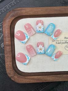 10pcs Y2K Nails Square Press On Nails Set - Handcrafted, Pink Nails, Blue Nails, Blue And White French Tip Nails, Handmade 3D Flowers And 3D Seashell Design, Hand Drawn Blue Snake Pattern And White Zebra Stripe Design, Nails Handmade, Sparkling Gold Rhinestone And White Pearl Decoration, Delicate Graceful Nails - Perfect For Parties & Casual Attire - Multicolor - View 10