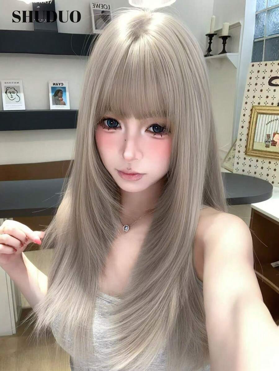 alicegarden 24-Inch Long Synthetic Wig Featuring A Natural Straight Style A Stunning Beige. Designed With Bangs , This False Hairpiece Is Perfect For Ms Daily Use, Offering A Natural And Natural Durable Wig Gift For Ladies. - Beige - View 1