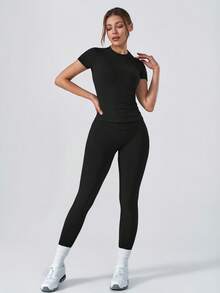 NcmRyu 女士纯色罗纹无缝圆领短袖柔软高腰褶皱运动短袖修身裤套装 - 黑色 - 查看 10
