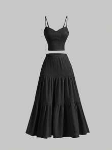 MOD Conjunto de top de tirantes y falda larga azul para mujer - Negro - Ver 1