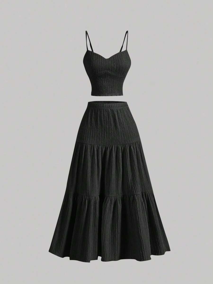 MOD Conjunto de top de tirantes y falda larga azul para mujer - Negro - Ver 1