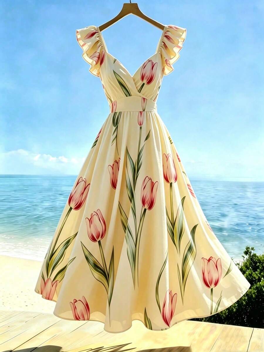 Vestido largo con estampado de lunares, cuello en V, mangas con volantes, cintura plisada, espalda descubierta y lazo, estilo casual de vacaciones, primavera/verano - amarillo ganso - Ver 1