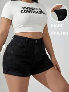 Plus Size High Stretch Black Denim Shorts With Distressed Details, Buttons, Zipper And Pockets Casual Summer - Black - View 2