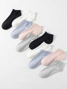 1 Pair/10 Pairs Random Candy Color Dopamine Socks Set, Solid Color Lace Stripe, Round Ribbed Cuff, High Heel, Japanese Sweet & Cute Style, Suitable For Commuting, Business, Daily Travel, Campus Sports Etc. Soft, Skin-Friendly, Breathable, Sweat-Absorbent, Odor-Resistant, Low-Cut, Invisible, Women Short Socks - Multicolor - View 3