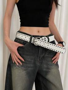 Thắt lưng nữ khóa kim loại đinh tán hai hàng, màu trơn phong cách punk da PU đính đinh trang trí, phụ kiện phù hợp đi học, dùng cho mọi mùa, quà tặng cho nữ - A - Xem 4