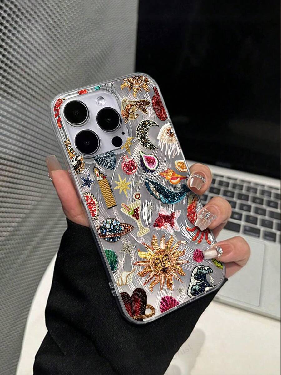 1pc Feather Yarn Diamond Pattern Full Coverage TPU Shockproof Phone Case Compatible With Apple 16 15 14 13 12 11 Pro Max - Multicolor - View 1