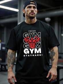 男士短袖T恤，字母「GYM」結合圖形印花，適合運動、戶外、健身、休閒等多種場合，混紡面料帶有輕微彈性，穿著舒適，可作為禮物 - 黑色 - 查看 1