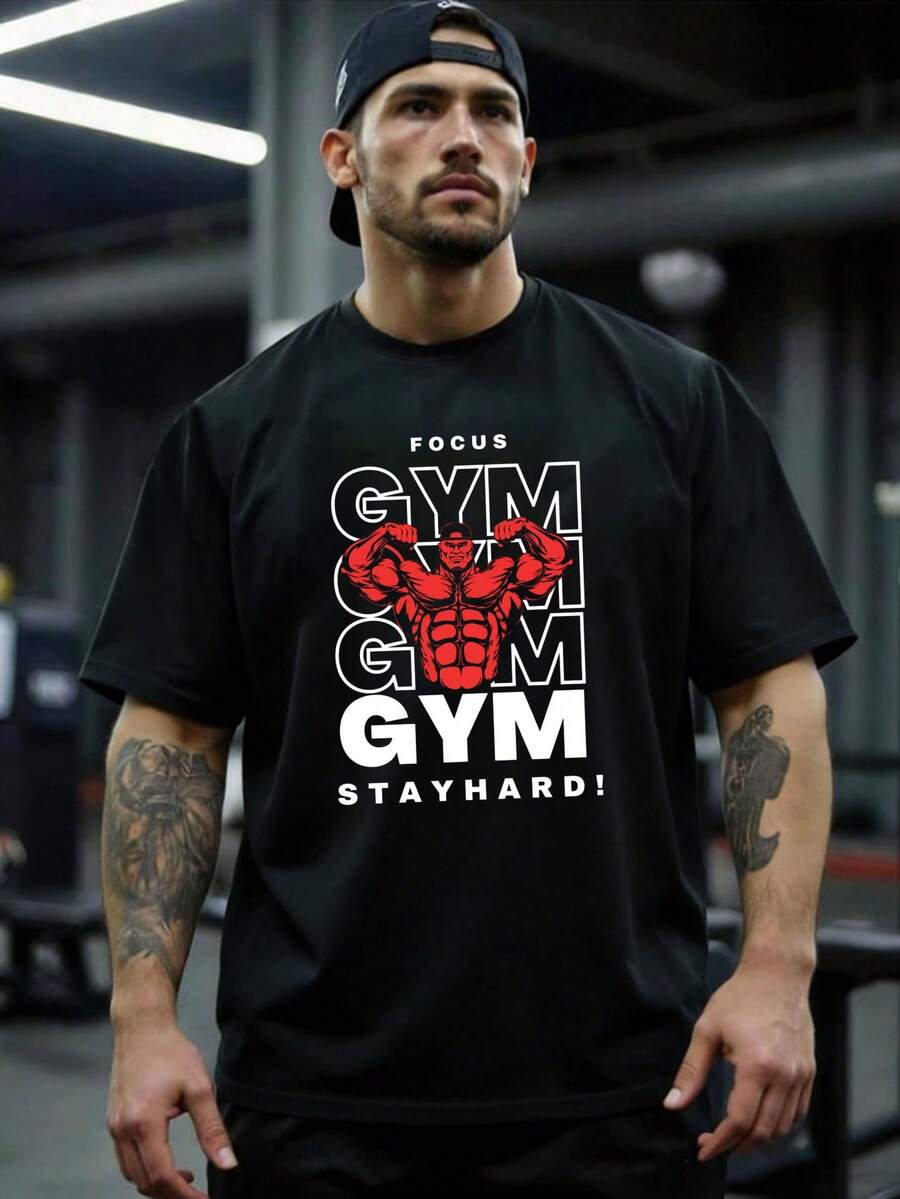 男士短袖T恤,字母「GYM」結合圖形印花,適合運動、戶外、健身、休閒等多種場合,混紡面料帶有輕微彈性,穿著舒適,可作為禮物 - 黑色 - 查看 1