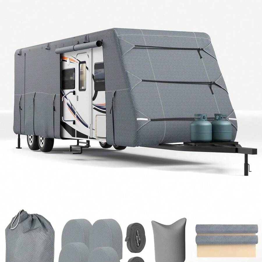 Travel Trailer RV Cover,  Waterproof, UV-Resistant, Windproof Travel Trailer Cover With Tire Covers,   Tongue Jack Cover, Repair Patch - A - View 1