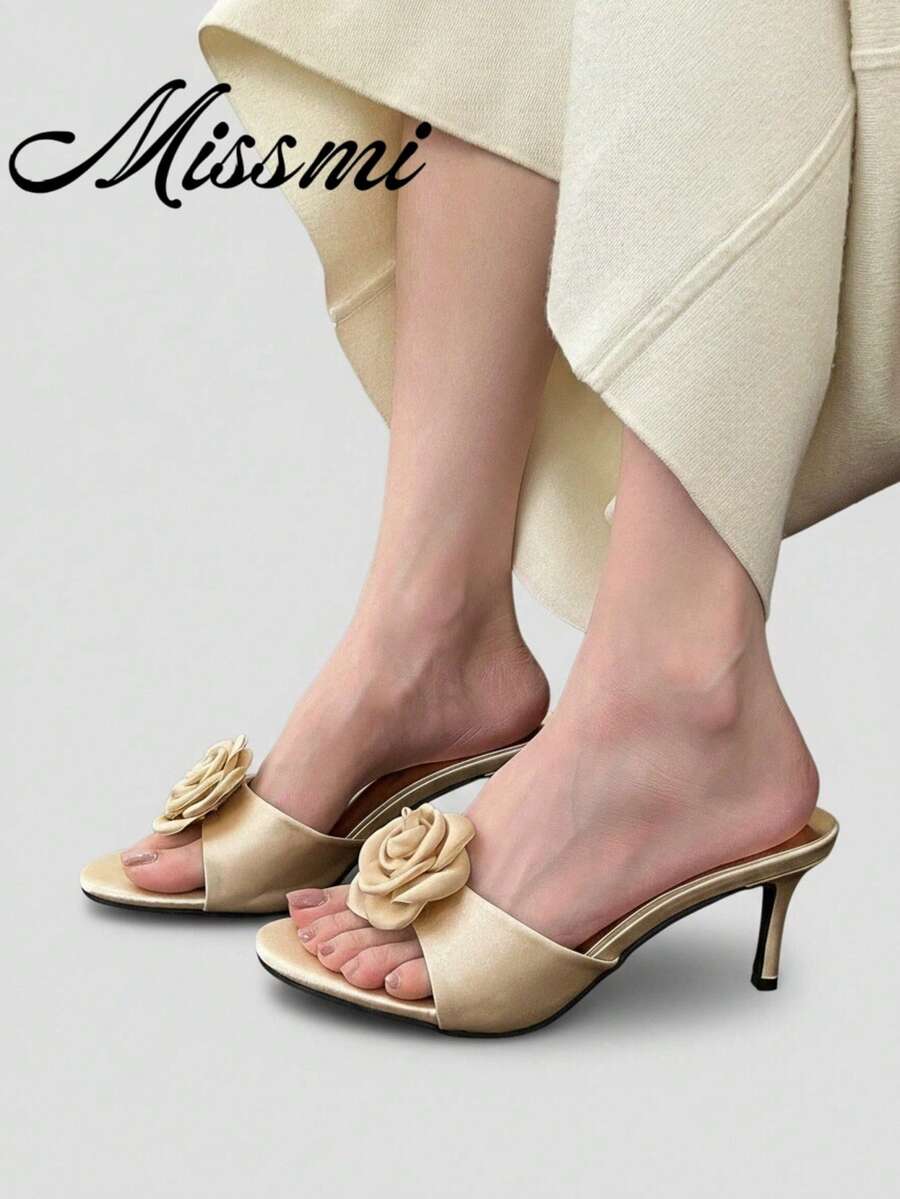 Pink Rose Pointed Satin Flower Mule High Heel Sandals For Women, Summer - Apricot - View 1