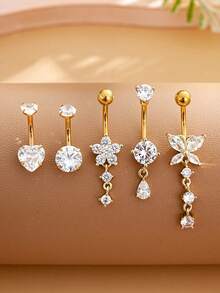 5pcs Stainless Steel Butterfly, Water Drop, Deer Horn Belly Ring Set, Inlaid With Sparkling Zirconia, Sexy Women's Belly Piercing Jewelry, Suitable For Holiday Wear - A - View 1