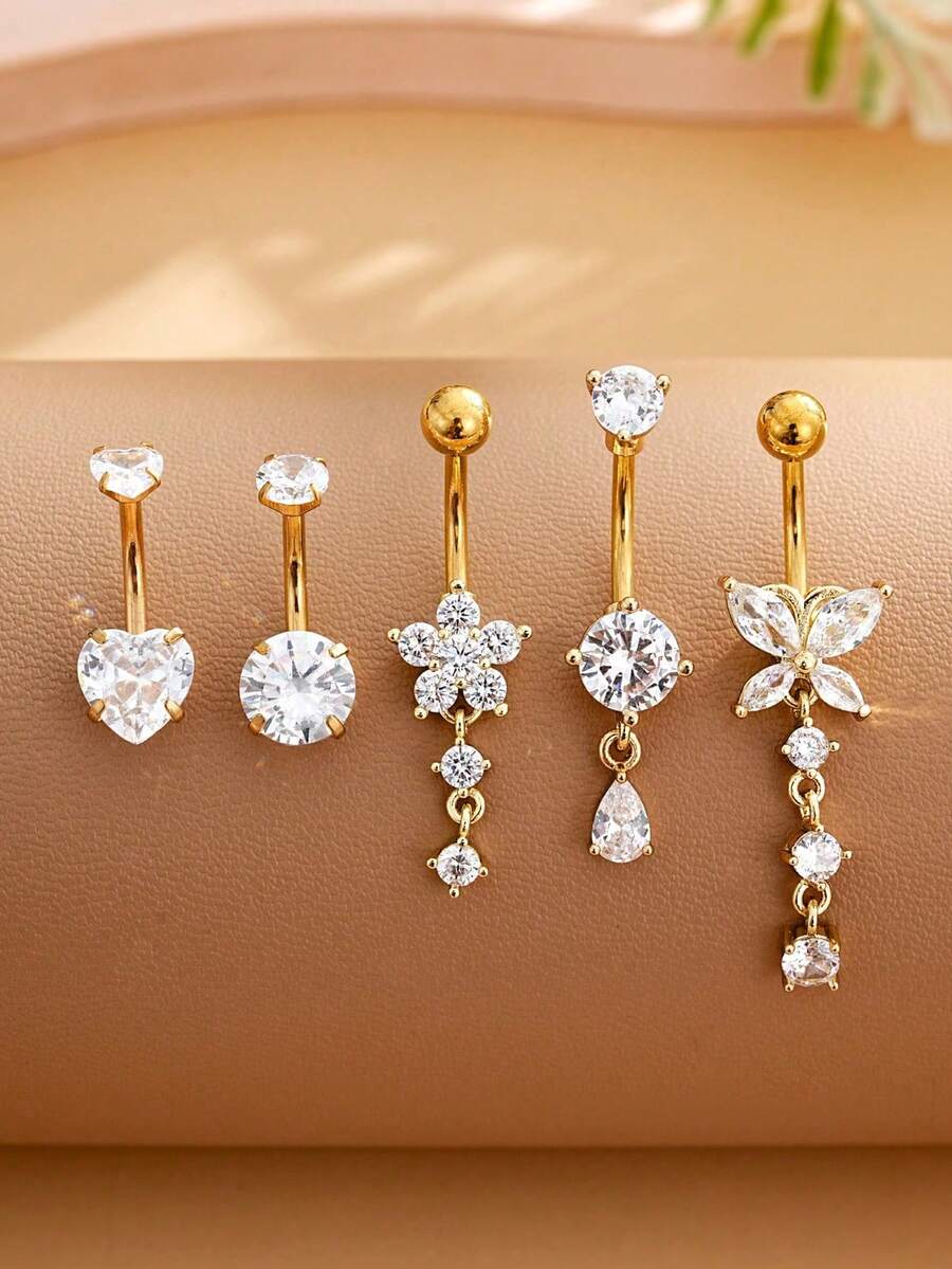 5pcs Stainless Steel Butterfly, Water Drop, Deer Horn Belly Ring Set, Inlaid With Sparkling Zirconia, Sexy Women's Belly Piercing Jewelry, Suitable For Holiday Wear - A - View 1