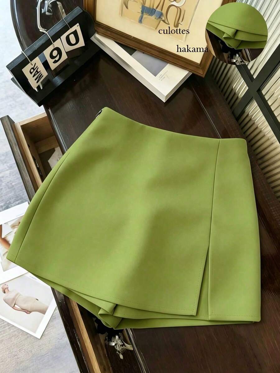 Women's High-Waisted Shorts/Skirt/Culottes Made Of Soft, Textured Fabric With A Slit, Versatile For Work Or Casual Wear, In Grey, For Spring/ - Hijau - View 1