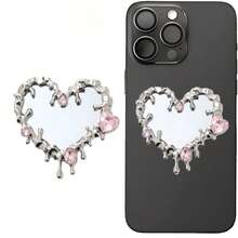 Pegatina de espejo para teléfono, espejo de bolsillo para retoques de maquillaje y selfies para mujeres - Corazón de plata - Ver 1