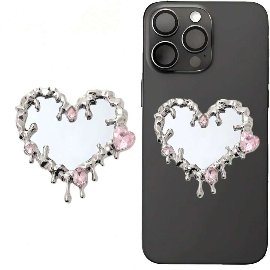 Pegatina de espejo para teléfono, espejo de bolsillo para retoques de maquillaje y selfies para mujeres - Corazón de plata - Ver 1