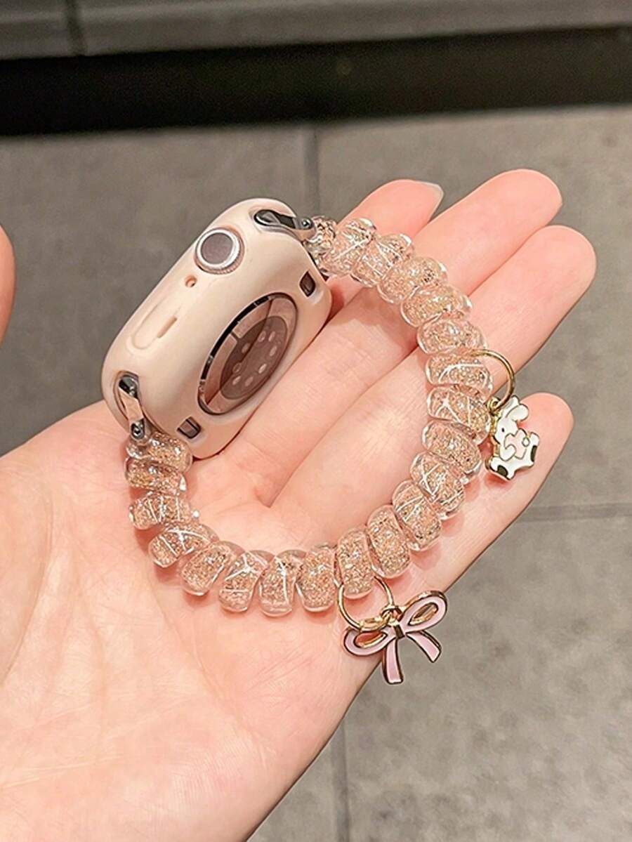 1pc Applicable For Apple Watch Band, Ins Niche Phone Cord Band - Transparent Elastic Band With Cute Cartoon Pendant, Suitable For Apple Watch 38 40 41 42 44 45 46 49mm SE/Ultra/1 2 3 4 5 6 7 8 9 10 11 Series, Fresh Style Elastic Band For Girls, Smart Watch Accessories For Women - Pink - View 1
