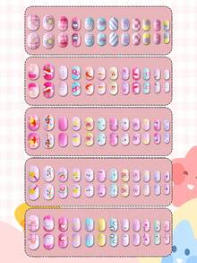 NAIO 120-Piece Pack (5 Styles) Of Children's Press-Type False Nails, Acrylic Material, Full Coverage, Cute Cartoon Rainbow Heart Glossy Press-Type False Nail Set, Short Oval False Nail Set, Comes With 3 Pieces Of Tape And 3 Nail Files. - Multicolor - View 8