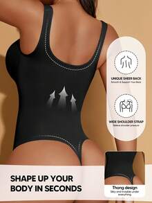 Bodysuit Pelangsing Pinggang dan Pengontrol Perut Wanita Warna Polos, Cocok untuk Dipakai Sebagai Lapisan dan Pakaian Pembentuk Tubuh, Warna Hitam Elegan untuk Musim Panas - Hitam - View 2