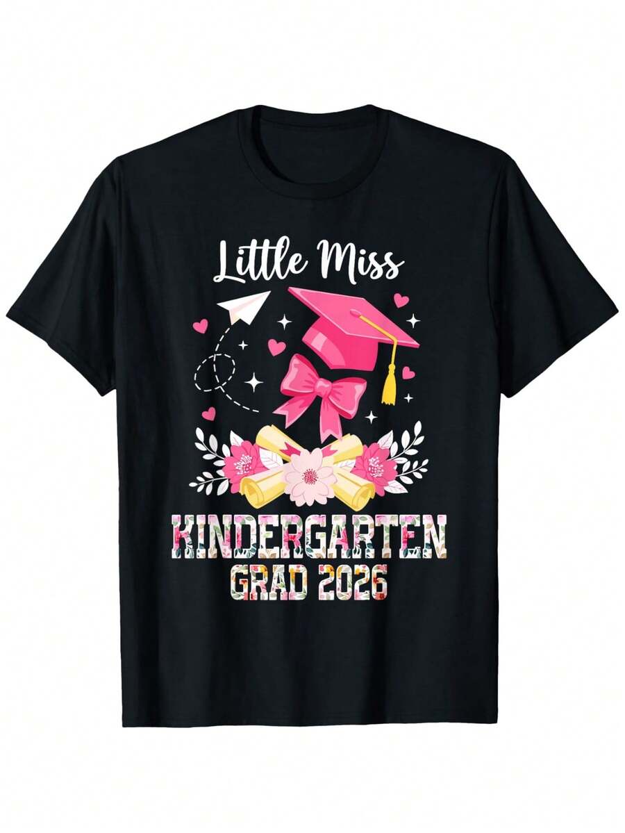 Little Miss Kindergarten Grad 2026 Boys' & Girls' T-Shirt - Soft, Breathable Cotton Short-Sleeved Crew Neck T-Shirt With Kindergarten Graduation Lettering, Suitable For Graduation - Zurück - Übersicht 1